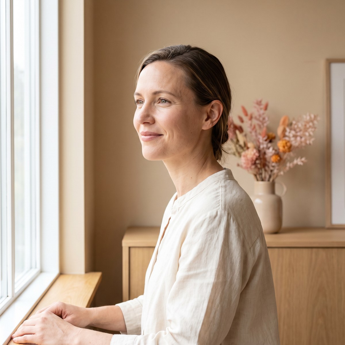 Frau im Profil am Fenster