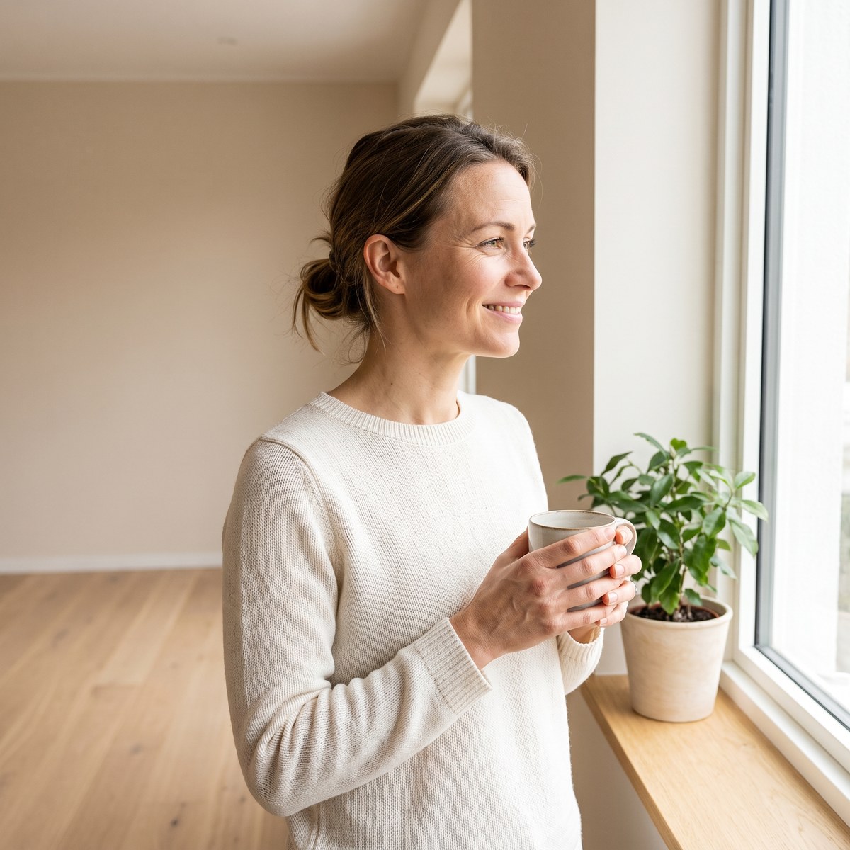Frau mit Tasse am Fenster
